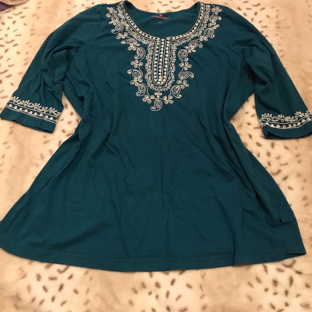 Woman Within L large teal Embroidered blouse